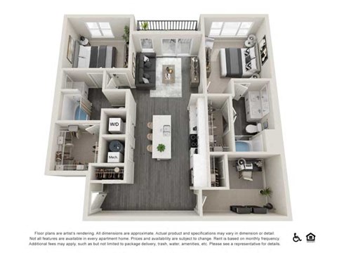 Floor plan for 2 beds, 2 baths, 1185 sqft